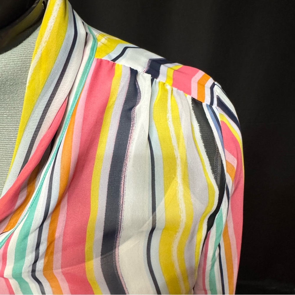 New York & Company Rainbow Sheer Vertical Stripes Tie-Neck Blouse | Size XL - Picture 6 of 16